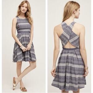 Anthropologie Eva Franco Nassau Dress sz 2 Cross Back Stripe Fit Flare Skater